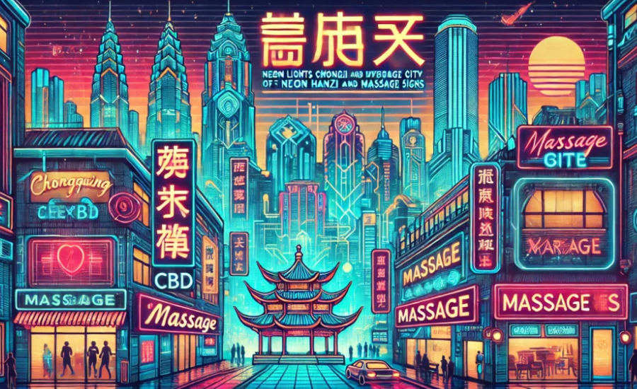 cyberpunk city neon hanzi massage sign